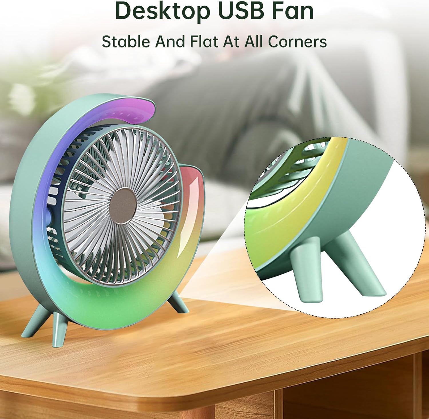 Colorful USB Rechargeable Desktop Fan | Silent Cooling, LED Ambient Light, 3-Speed Rotation thumbnail 5