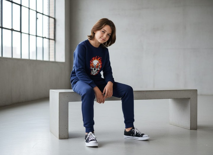 Kids Navy Blue Ghost Skull Printed Tracksuit Set | Winter Fleece Sweatshirt & Trouser Outfit for Boys & Girls – Warm, Trendy & Cool | FOR BABY AND KIDS thumbnail 3