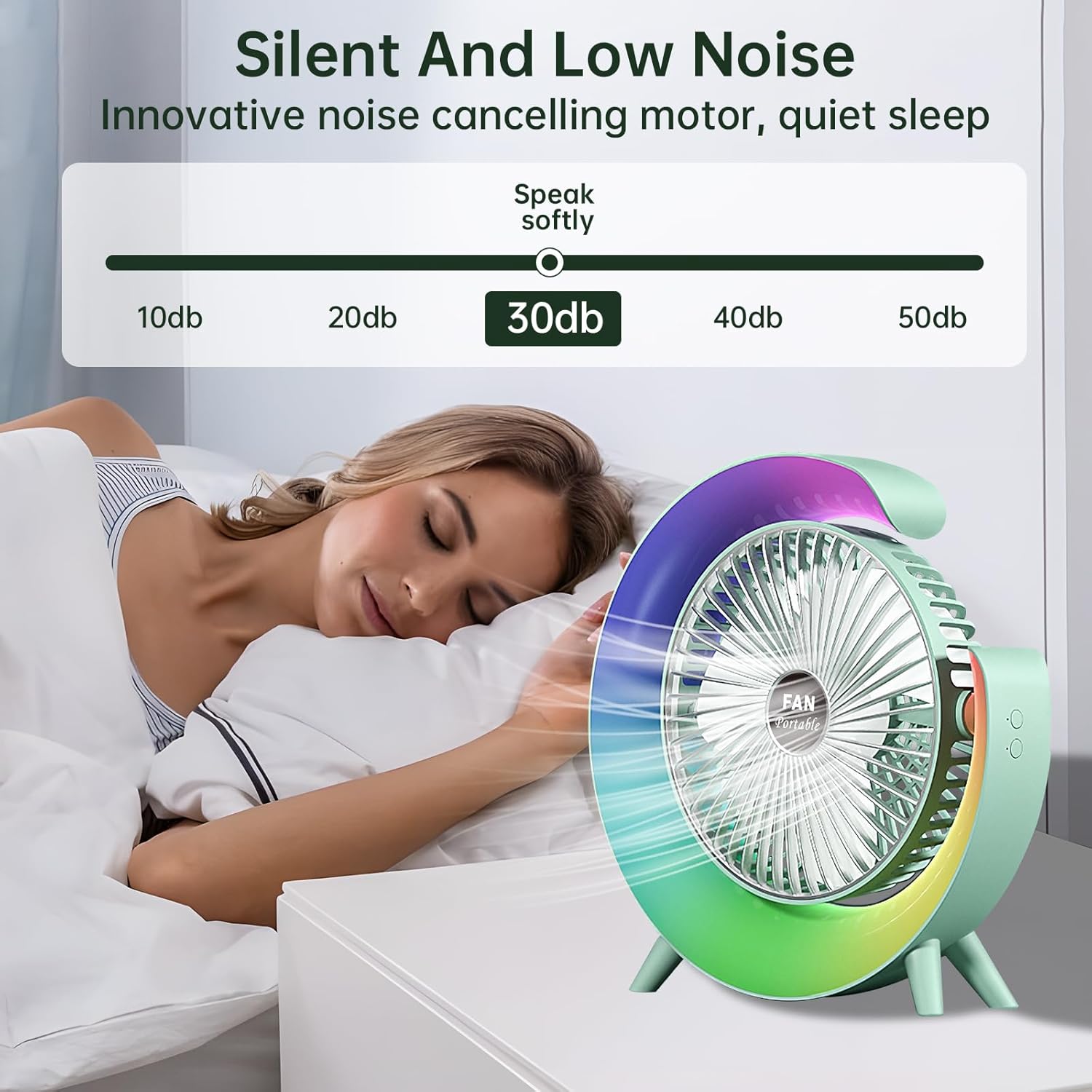 Colorful USB Rechargeable Desktop Fan | Silent Cooling, LED Ambient Light, 3-Speed Rotation thumbnail 3