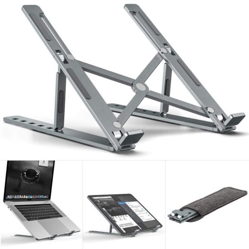 Premium Aluminum Foldable Laptop Stand | Sturdy, Adjustable, Portable | Silver & Black thumbnail 2