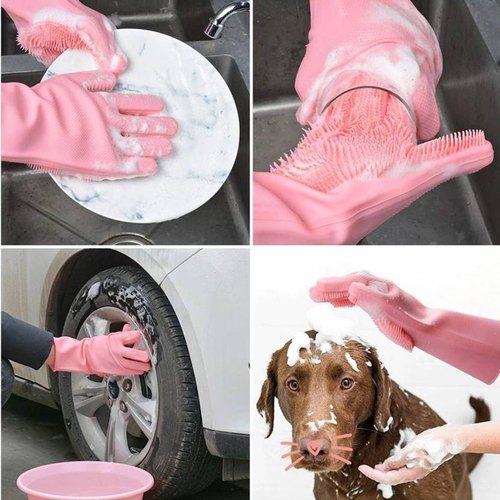 Reusable Silicone Washing Gloves with Built-In Scrubber for Kitchen Bathroom Car and Multipurpose Cleaning (Random Color)