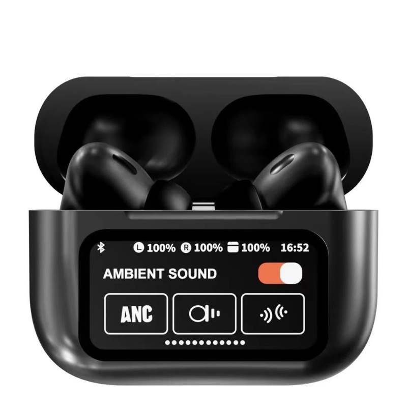 Black A9 Pro ANC Bluetooth 5.4 Wireless Earbuds with Smart Screen and Active Noise Cancellation thumbnail 2