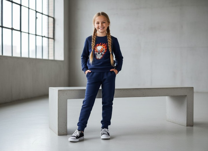 Kids Navy Blue Ghost Skull Printed Tracksuit Set | Winter Fleece Sweatshirt & Trouser Outfit for Boys & Girls – Warm, Trendy & Cool | FOR BABY AND KIDS thumbnail 2