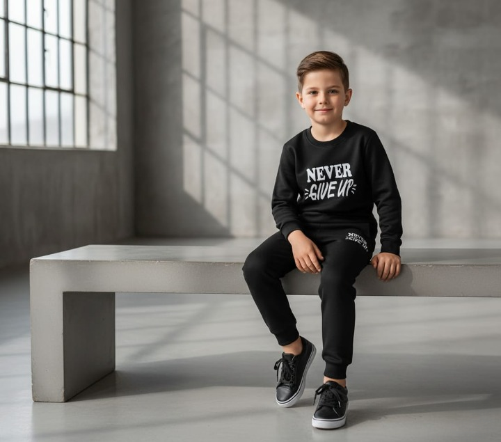 Kids “Never Give Up” Printed Black & Black Tracksuit Set | Winter Fleece Sweatshirt & Trouser Outfit for Boys & Girls – Warm & Motivational FOR BABY AND KIDS thumbnail 2