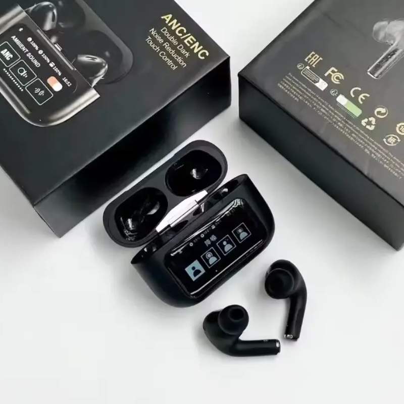 Black A9 Pro ANC Bluetooth 5.4 Wireless Earbuds with Smart Screen and Active Noise Cancellation thumbnail 5