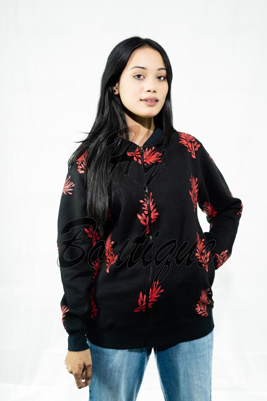 Winter Collection Women’s Red Leaf Print Jacket | Stylish & Warm Outerwear | Trendy Winter Fashion for Ladies thumbnail 2