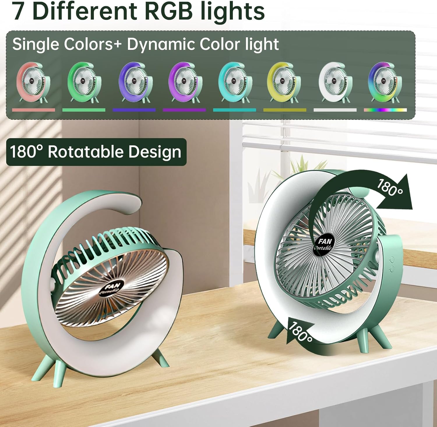 Colorful USB Rechargeable Desktop Fan | Silent Cooling, LED Ambient Light, 3-Speed Rotation thumbnail 4