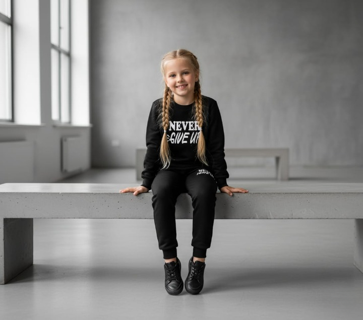 Kids “Never Give Up” Printed Black & Black Tracksuit Set | Winter Fleece Sweatshirt & Trouser Outfit for Boys & Girls – Warm & Motivational FOR BABY AND KIDS thumbnail 3