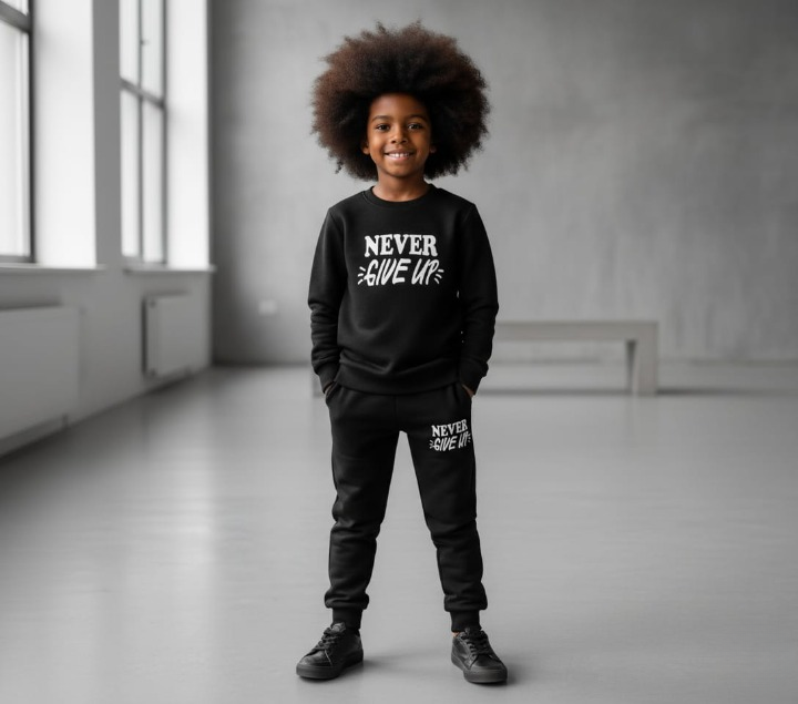 Kids “Never Give Up” Printed Black & Black Tracksuit Set | Winter Fleece Sweatshirt & Trouser Outfit for Boys & Girls – Warm & Motivational FOR BABY AND KIDS thumbnail 4