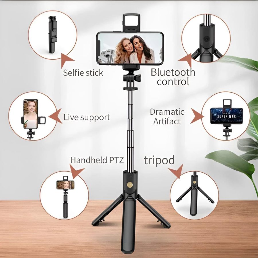 R1s Bluetooth Selfie Stick Tripod with Remote | 360° Foldable Phone & Action Camera Stand with LED Light thumbnail 4