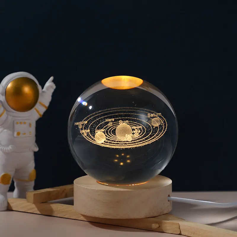 3D Galaxy Space Crystal Ball Night Light with Wooden LED Stand | USB Decorative Table Lamp | Random Designs thumbnail 3