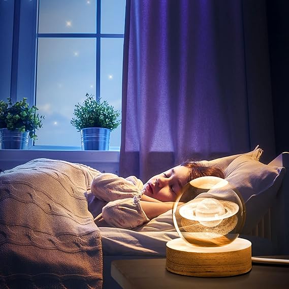 3D Galaxy Space Crystal Ball Night Light with Wooden LED Stand | USB Decorative Table Lamp | Random Designs thumbnail 2