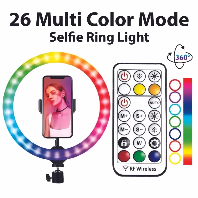 MJ26 RGB LED Ring Light 26cm with Tripod, Phone Holder & 360° Color Modes thumbnail 3