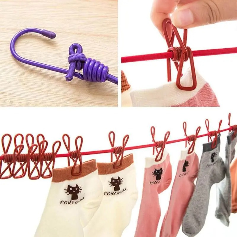 Portable Drying Rope with 12 Clips & 2 Hooks | Travel Clothesline for Indoor & Outdoor Use thumbnail 2