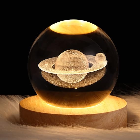 3D Galaxy Space Crystal Ball Night Light with Wooden LED Stand | USB Decorative Table Lamp | Random Designs thumbnail 4