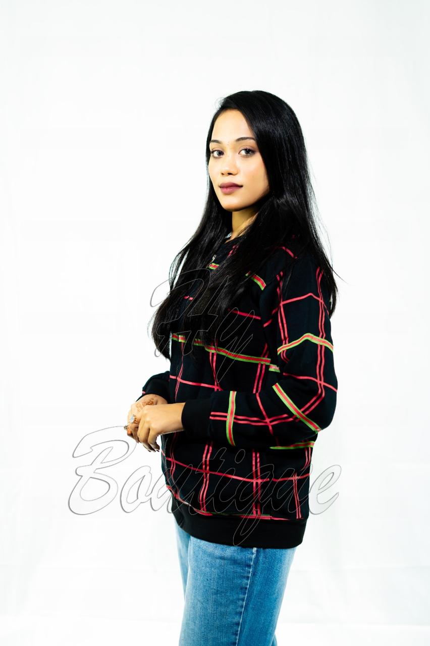 Winter Collection Women’s Red & Green Lining Print Jacket | Stylish & Warm Outerwear | Trendy Winter Fashion for Ladies thumbnail 2